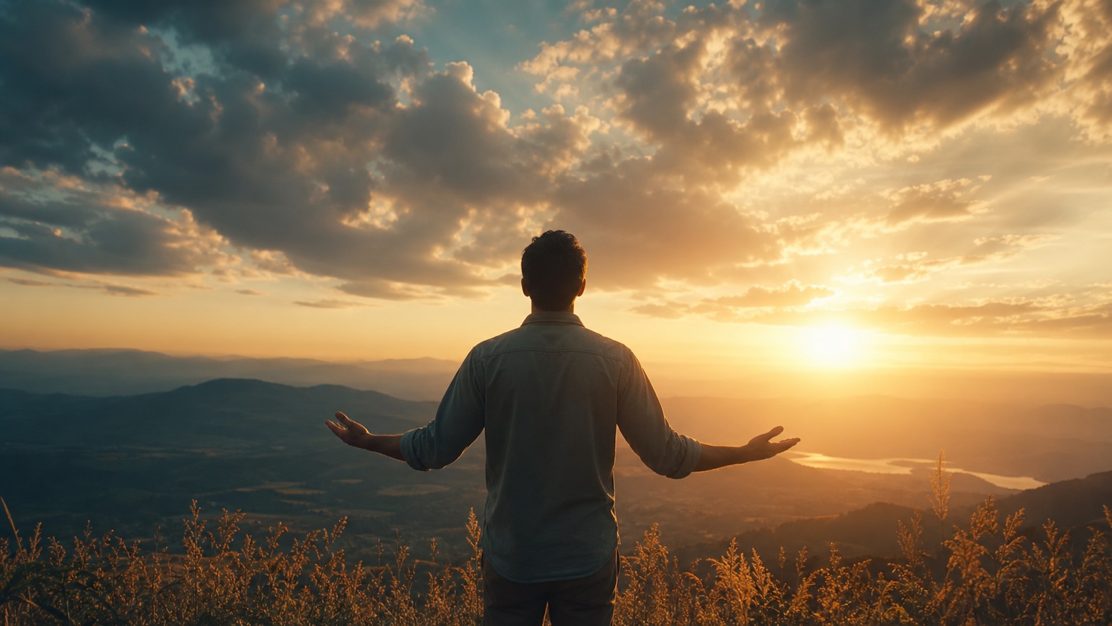Homem em oração diante do nascer do sol, com as mãos abertas em entrega a Deus