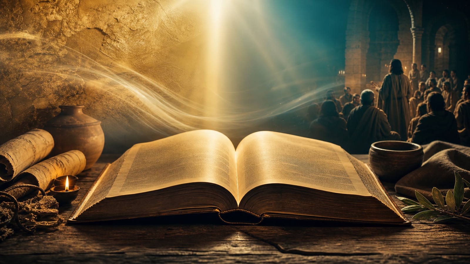 Bíblia aberta iluminada, ligando as Escrituras antigas à igreja do Novo Testamento