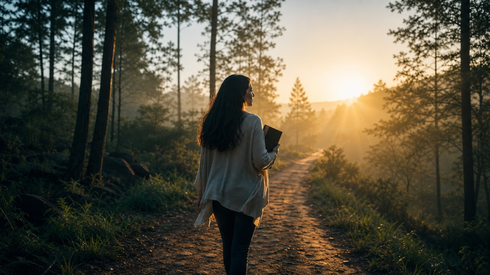 Mulher caminhando com a Bíblia por um caminho iluminado pelo nascer do sol